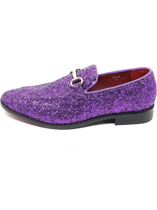 Metrocharm Men\'s Purple Glitter Rubber Velvet Loafers Gold Buckle Slip On Shoes